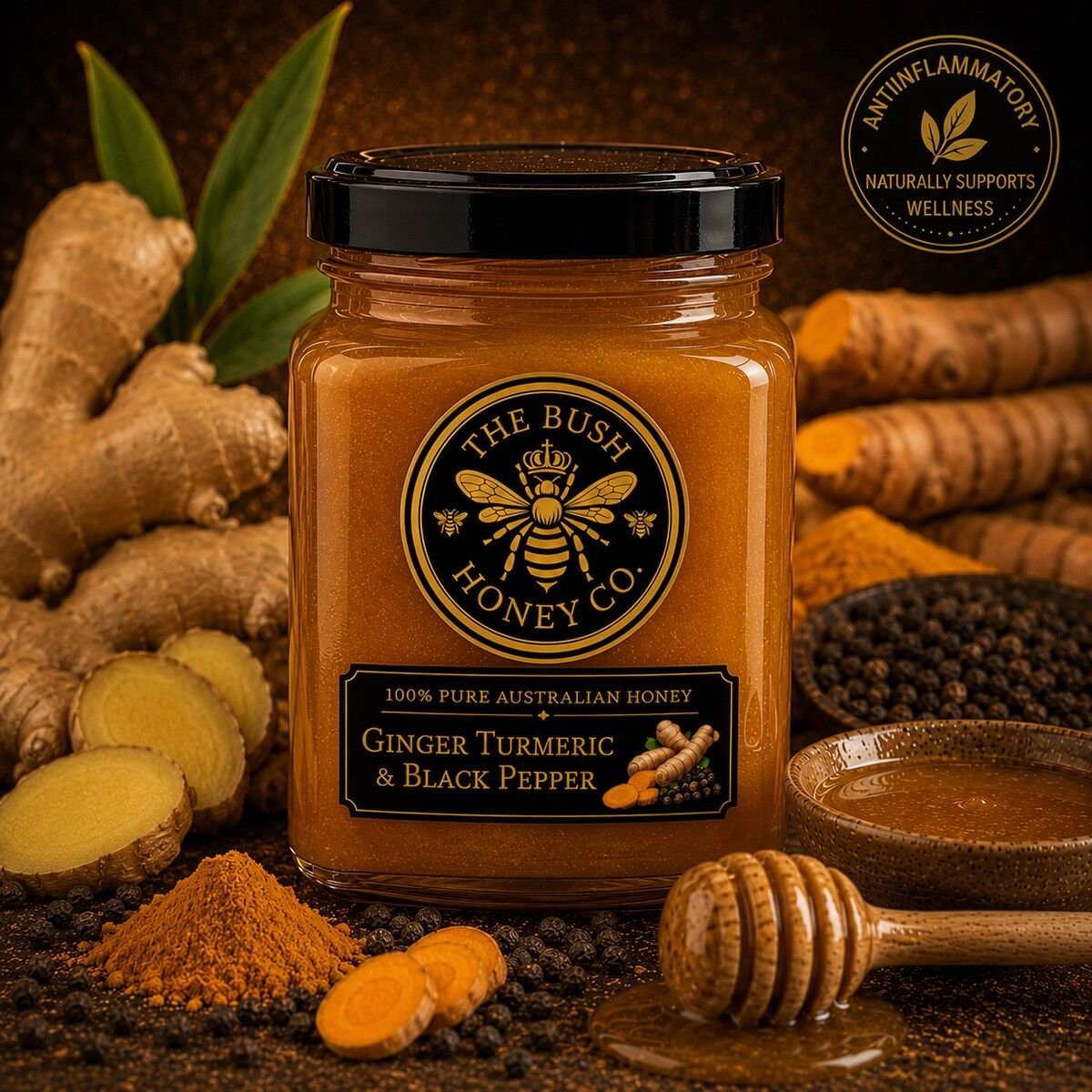 Ginger Turmeric andamp Black Pepper Honey 275g Jar Ginger Turmeric andamp Black Pepper Honey 275g Jar